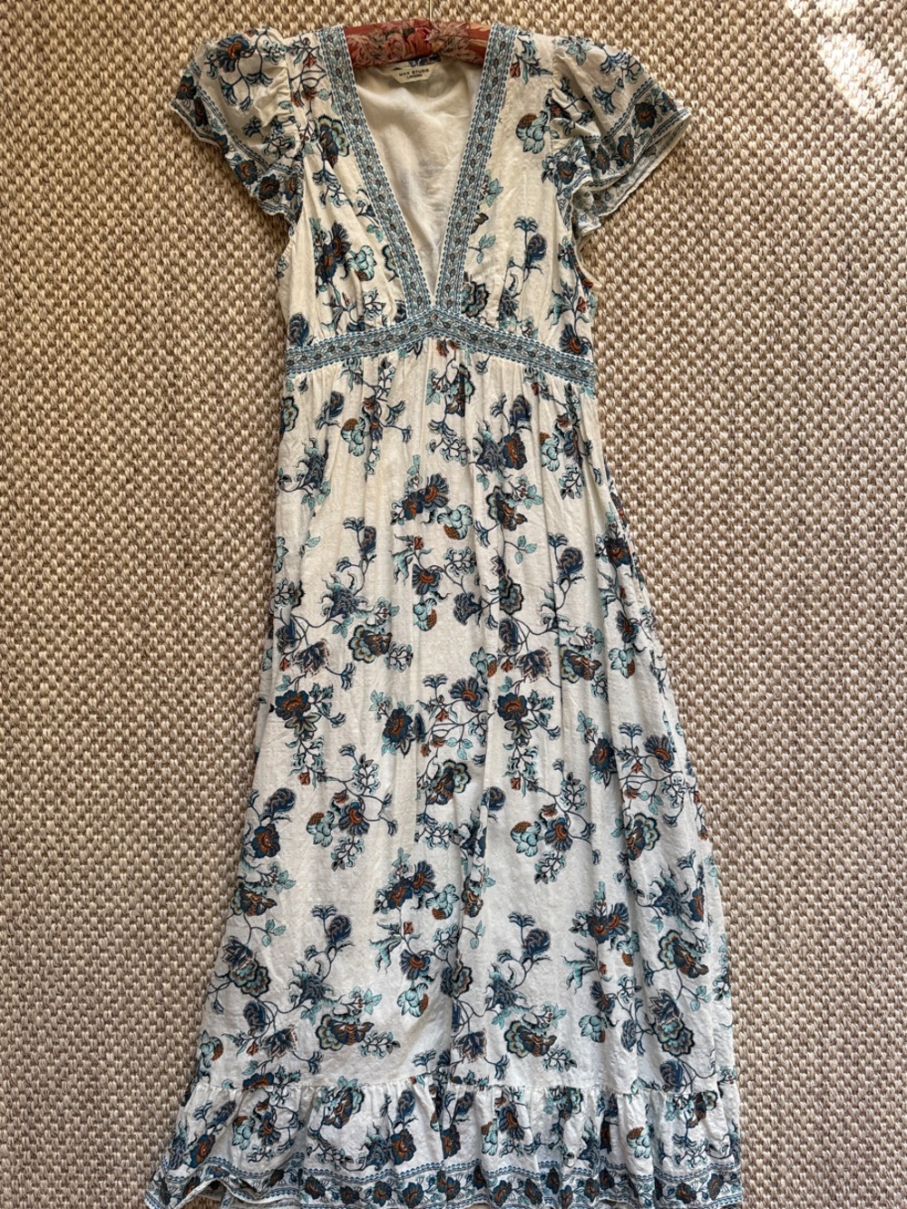 Max Studio White Floral Maxi Dress with Blue and Brown Accents